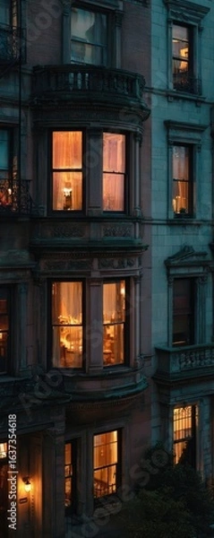 Fototapeta Warm light from windows of a stately building at night