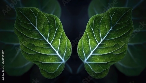 Fototapeta Close-up of two symmetrical leaves, vibrant green, highlighted veins