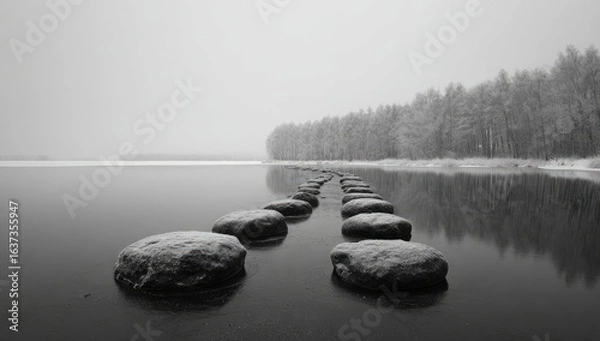 Fototapeta Snowy stones path across a still lake