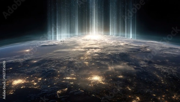 Fototapeta Earth seen from space, illuminated by beams of light emanating from the horizon