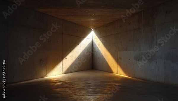 Fototapeta Sunlight streams into a concrete tunnel, casting a dramatic triangle of light