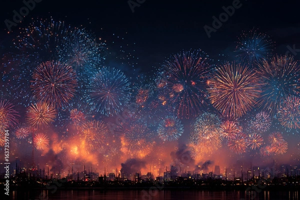 Fototapeta Dynamic firework bursts captured in high resolution with space for text, ideal for event invitations and holiday promotions