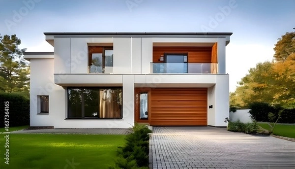 Fototapeta This modern, two-story, minimalist home features a white facade with wood accents on the garage door. A balcony on the upper floor features a green lawn in front of the house.