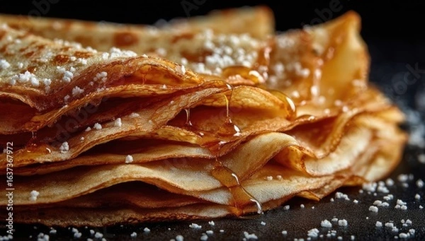 Fototapeta Stack of golden brown crepes, drizzled with syrup and sprinkled with sugar