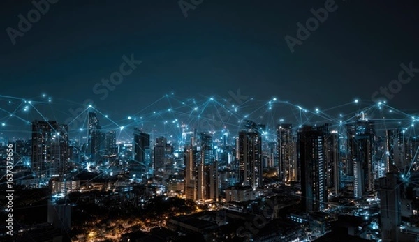 Fototapeta City skyline at night, connected by a network of glowing lines
