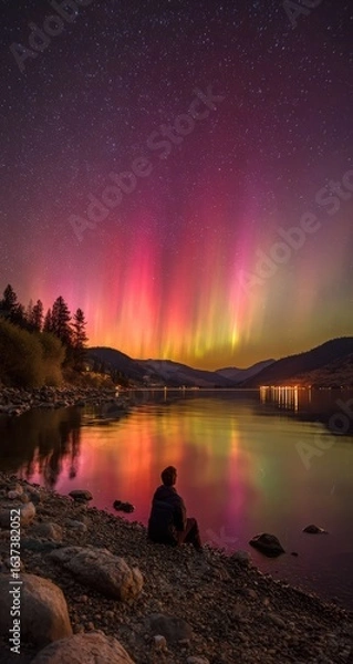 Fototapeta Silhouette of person by lake, aurora borealis