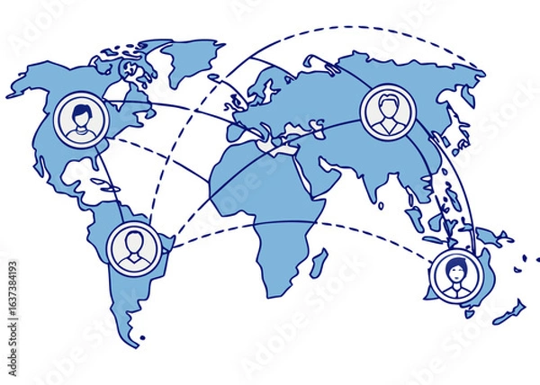 Fototapeta world map with connecting lines and people avatars, digital vector style, blue corporate tones, minimal and clean. Transparent background 