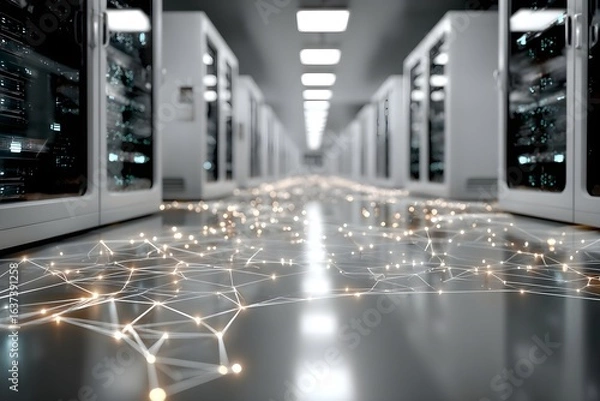 Obraz Connection network in servers data center room storage systems 3D rendering 
