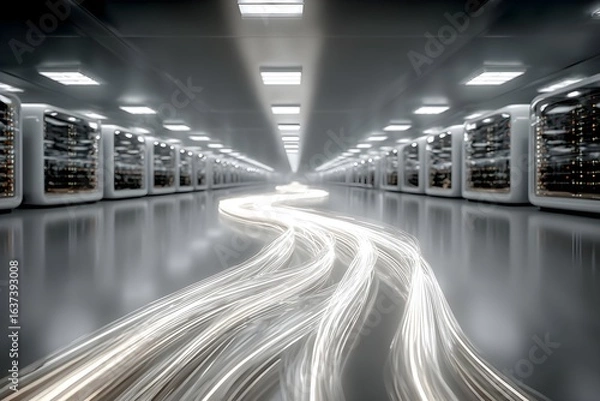 Obraz Connection network in servers data center room storage systems 3D rendering 
