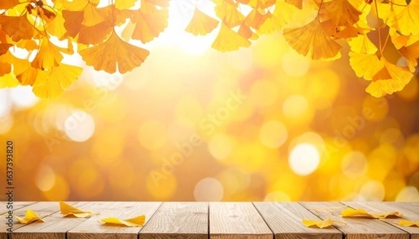 Obraz 秋の黄色い葉のフレームとゴールドぼかし背景