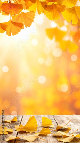 Obraz 秋の黄色い葉のフレームとゴールドぼかし背景