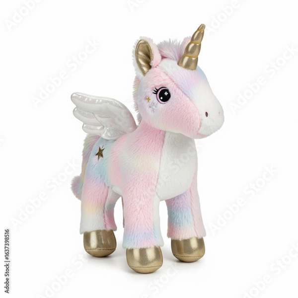 Obraz Adorable Plush Unicorn with Rainbow Mane and Golden Wings