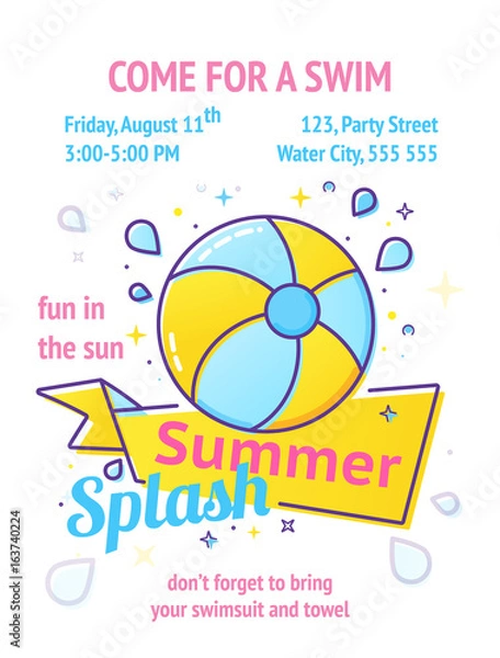 Fototapeta Pool party poster with inflatable ball and splash in swim pool water.