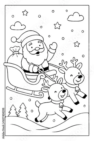Fototapeta Cheerful Santa Claus Riding Sleigh Pulled by Cute Reindeer in a Snowy Christmas Scene Coloring Page for Children