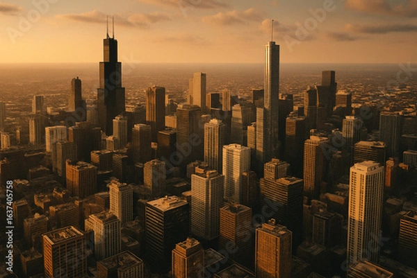 Fototapeta Aerial drone shot of a city skyline at golden hour, warm tones and long shadows