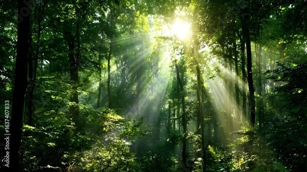 Obraz Sunlight streams through a lush forest canopy.