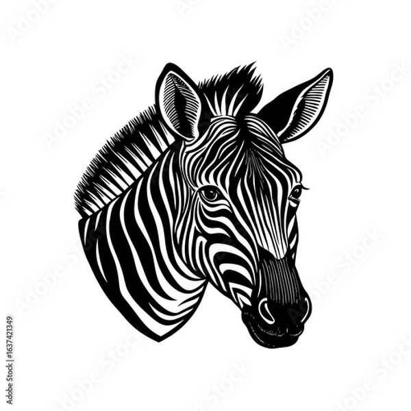 Fototapeta A detailed black and white illustration of a zebra head, showcasing its distinctive stripes and features.
