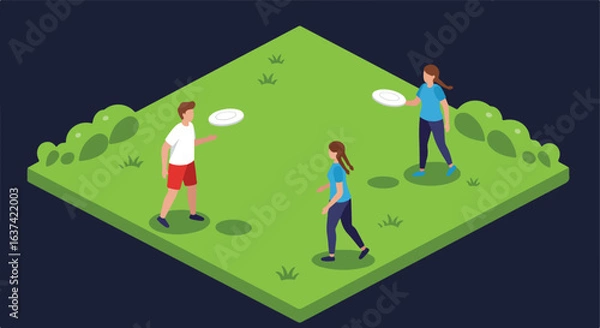 Fototapeta People throwing disc on grass isometric scene, with dark background, use recreation