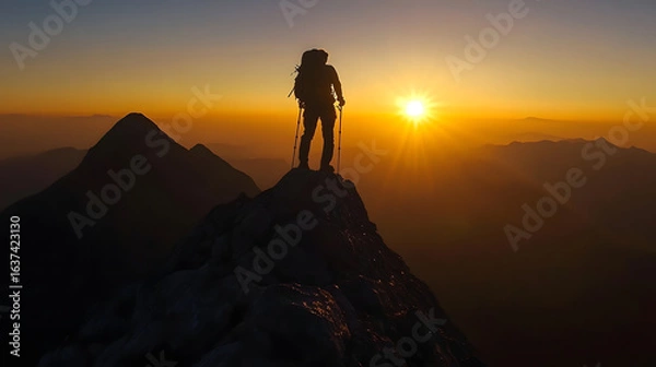 Fototapeta Silhouette of Hiker on Mountain Peak at Sunset