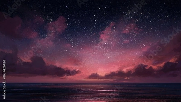 Obraz Starry, pink sunset over ocean