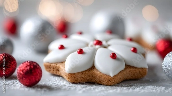 Fototapeta Ornamented christmas cookie with icing and sprinkles.