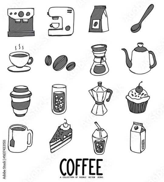 Fototapeta Coffee Related Doodle vector icon set. Drawing sketch illustration hand drawn line eps10