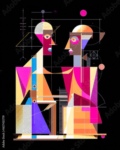 Fototapeta Transavanguardia Art Deco graphic: abstract dialogue between two figures via geometric shapes and color flashes