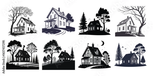 Fototapeta Vector log cabin house silhouette collection mountain home lodge country architecture design illustration 100 editable stock vector illustration

