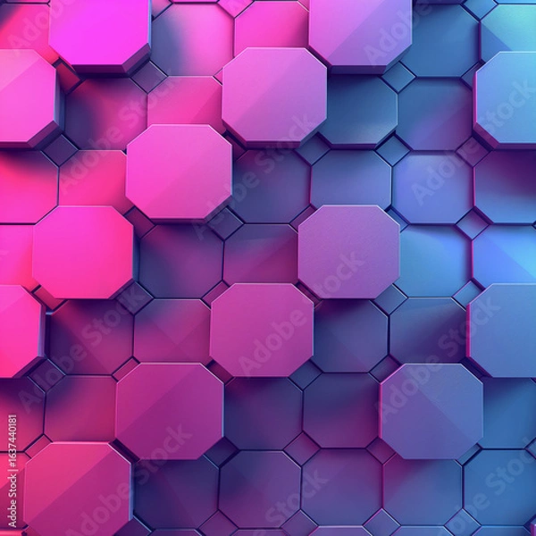 Obraz Vibrant Octagonal Tile Pattern: Abstract 3D Background with Pink and Blue Gradients