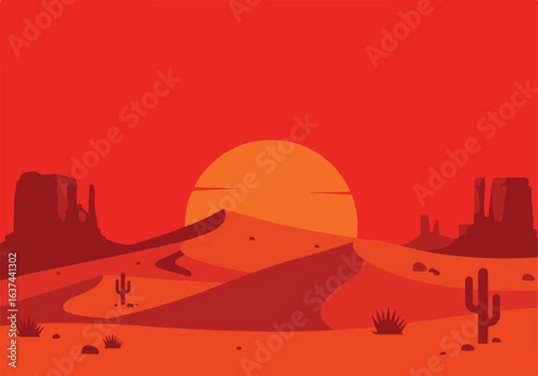 Obraz Desert Landscape Sunset over dunes & buttes, cactus plants. Graphic design wallpaper