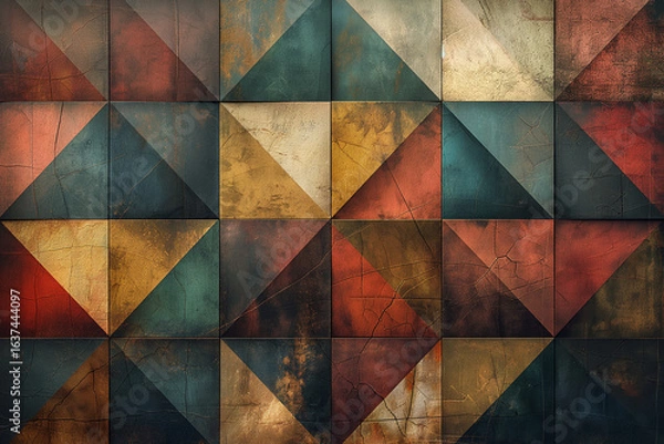 Obraz Distressed Geometric Tile Pattern: Rustic Background with Squares and Triangles in Aged Colors