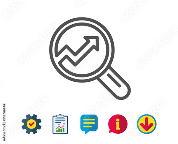 Fototapeta Chart line icon. Report graph or Sales growth sign in Magnifying glass. Analysis and Statistics data symbol. Report, Service and Information line signs. Download, Speech bubble icons. Editable stroke