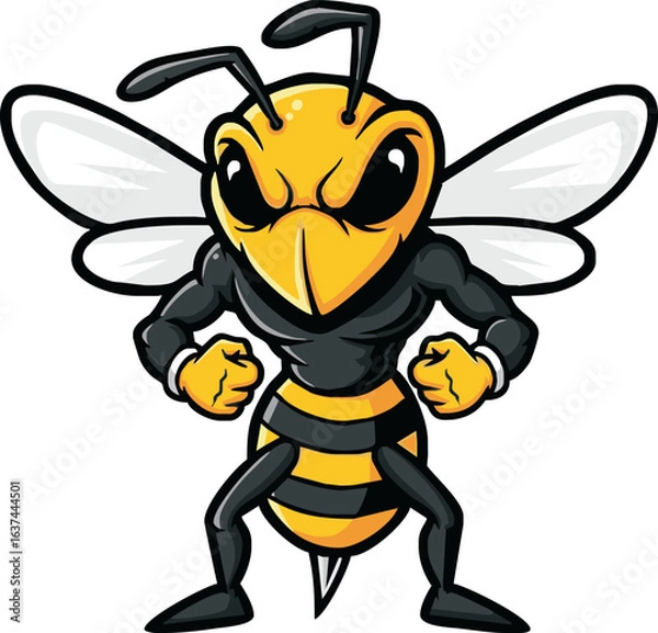 Fototapeta A powerful, angry cartoon wasp stands defiantly, fists clenched.