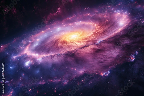 Obraz Cosmic Spiral Galaxy: Dramatic Space View with Gold Center and Colorful Nebulae