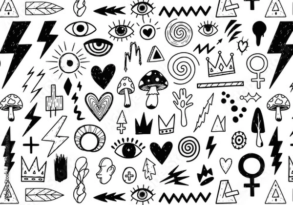 Fototapeta Abstract black and white doodle pattern with eyes, hearts, and lightning