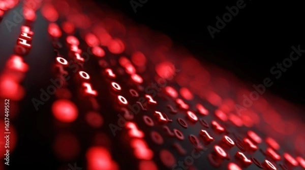 Fototapeta Abstract background of flowing binary code with subtle red highlights, indicating potential risks. Vulnerability, caution. Dynamic.