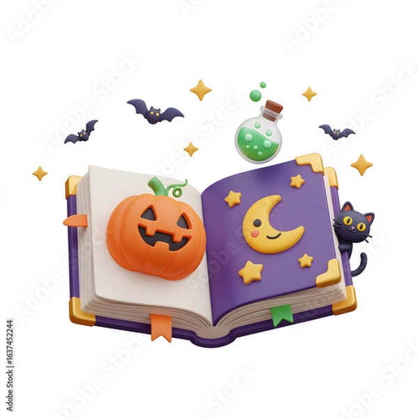 Fototapeta Colorful Halloween Themed Children's Book with Pumpkin Cat Moon Stars and Potion