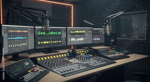 Fototapeta Professional radio broadcasting sound recording studio with equipment for audio production
