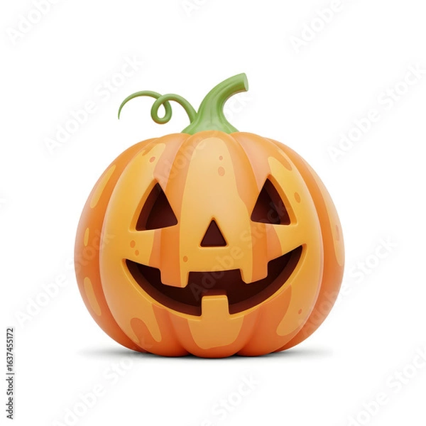 Fototapeta Bright Orange Halloween Pumpkin with Carved Face and Green Stem Suitable for Fall and Holiday Decorations