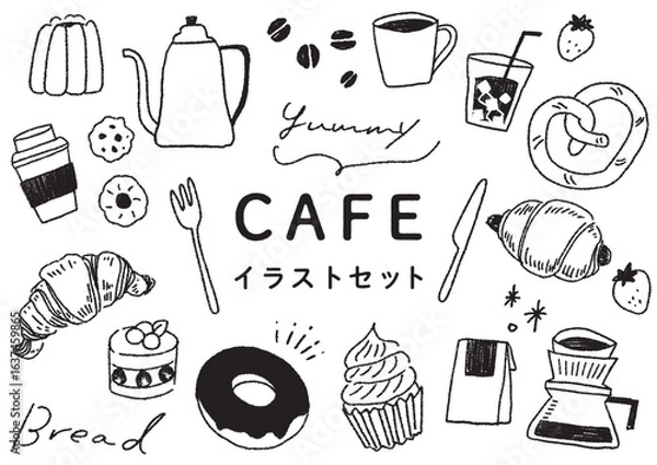 Obraz カフェ&スイーツ 手書きの線画イラストセット