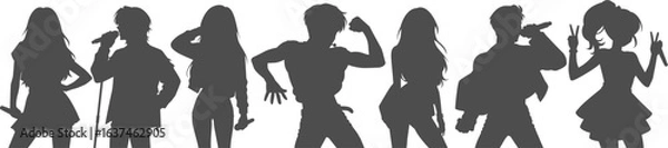 Fototapeta Set silhouette illustrations of kpop idols singing and dancing on stage. Flat vector kpop music star. Modern group dancers with various different styles, poses and choreography. Korean pop cultures.