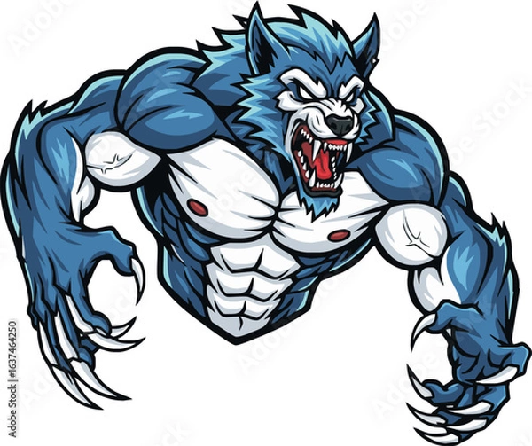 Fototapeta Aggressive, muscular blue werewolf, fierce expression, cartoon style illustration.