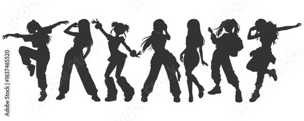 Obraz Set silhouette illustrations of kpop idols singing and dancing on stage. Flat vector kpop music star. Modern group dancers with various different styles, poses and choreography. Korean pop cultures.