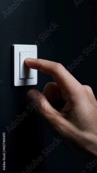 Fototapeta Conceptual image of a a hand turning off a light switch, symbolizing energy conservation. Responsibility, saving. Dark, contrasting.