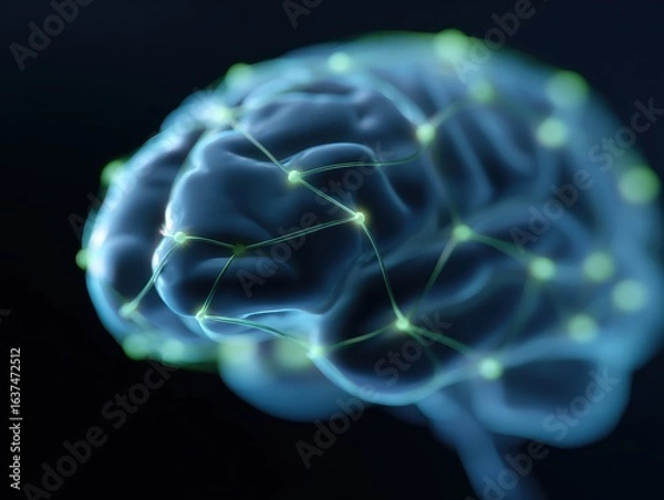 Fototapeta Abstract background of glowing interconnected nodes forming a brain shape, representing knowledge network. Learning, intelligence. Blue and green.