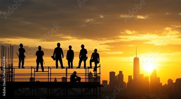 Obraz Silhouettes of a construction crew on a building site against a golden sunset over the city.