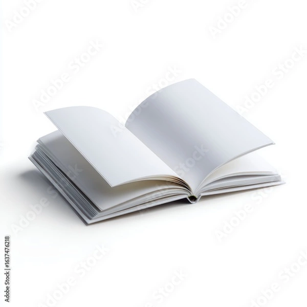 Fototapeta A pristine white passport, open to a blank page, isolated on a pure white background. Travel, adventure.