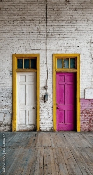 Fototapeta Two doors, white and magenta, with yellow frames, on a weathered brick wall