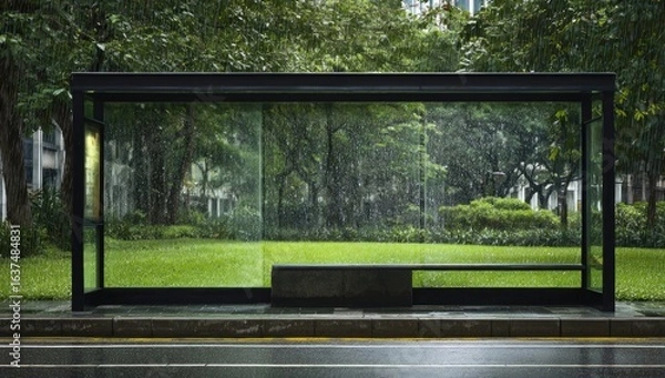 Fototapeta Empty bus shelter on a rainy day, surrounded by greenery