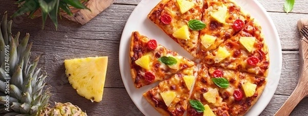 Fototapeta hawaiian pineapple pizza served on a white dining plate . aspect ratio 8:3